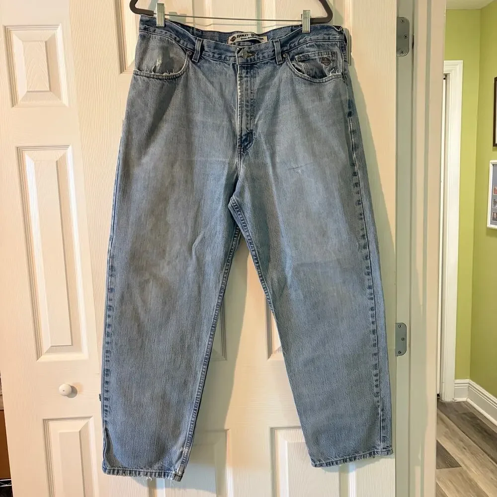 Harley-Davidson MotorClothes Jeans 38x30 Light Wash Distressed Moto Biker Denim